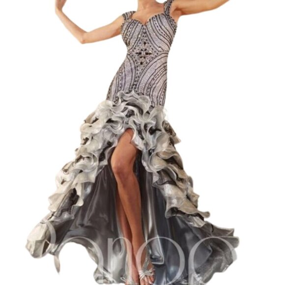 SALE NWT Panoply 14639 Glitter Tulle & Metallic Organza Prom Dress Steel Size 8